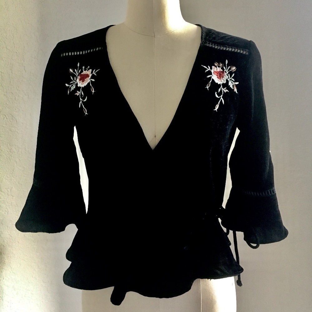 Topshop Embroidered Velvet Wrap Top